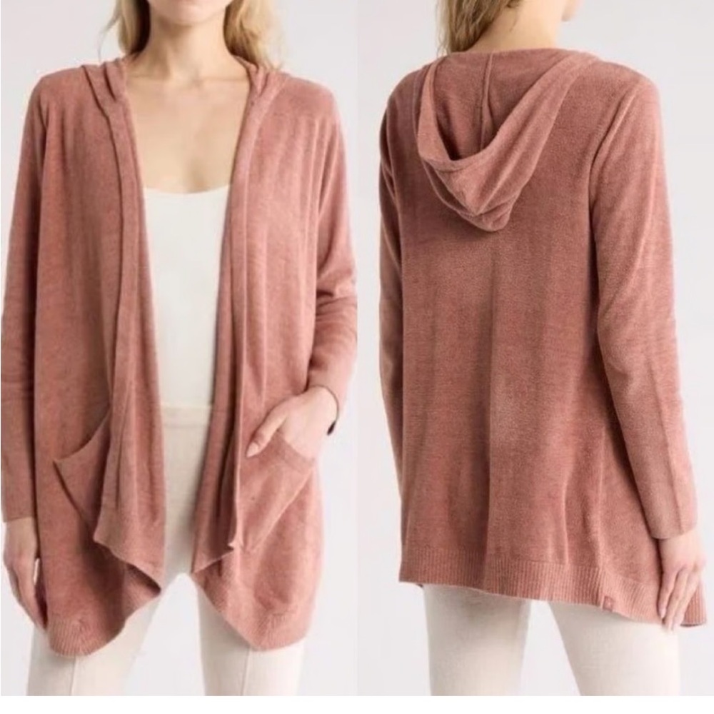 Barefoot dreams cozy chic ultra lite Brown Hooded Sweater cardigan pockets - Picture 11 of 11